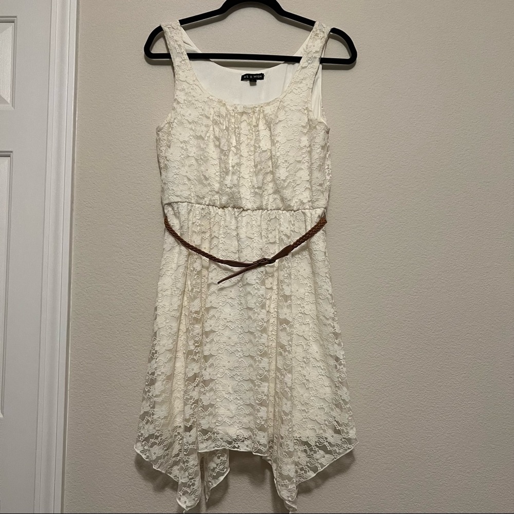 Cream Lace Sleeveless Dress with Tan Braided Belt Size L